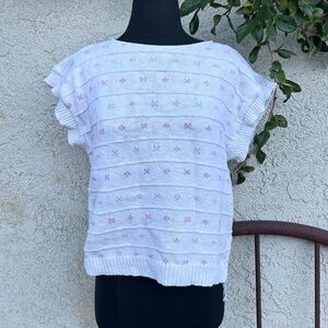 Vintage 90s Style Short Sleeve White Floral Knit Sweater, Cottagecore Boho